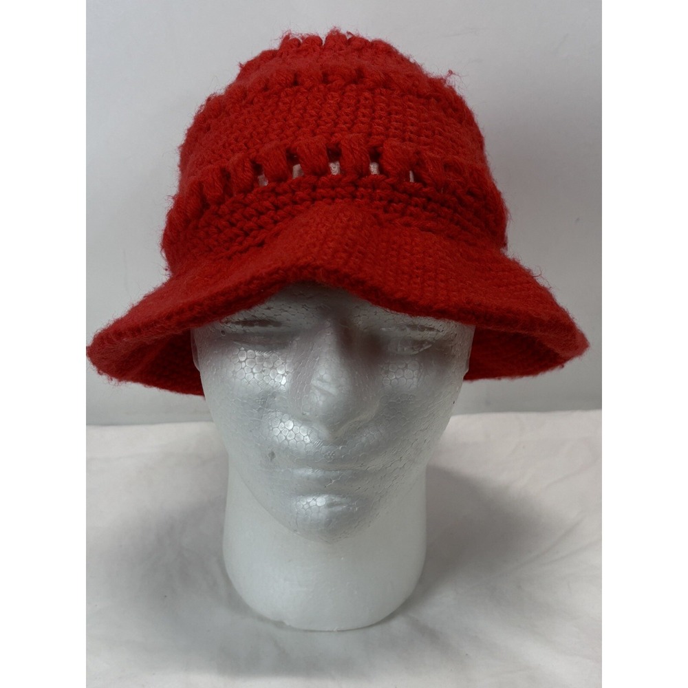 Vtg Crochet Hat Women's One Size Red Stretch 70s